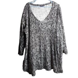 Roamans V neck Thermal Tunic Black white Paisley Sz 3x 30/32 Long sleeve